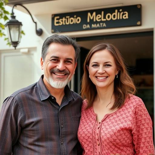 Antônio Oliveira e Beatriz Silva, fundadores do Estüdio Melodia da Mata, sorrindo em frente ao estüdio.