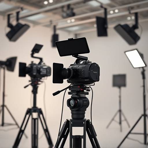 Equipamento de produäão de vídeo em um estüdio