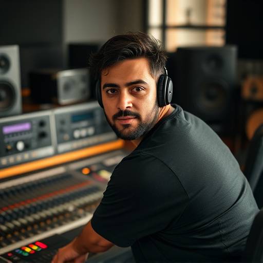 Retrato de Antônio Oliveira, fundador e produtor musical do Estüdio Melodia da Mata, trabalhando na mesa de mixagem.