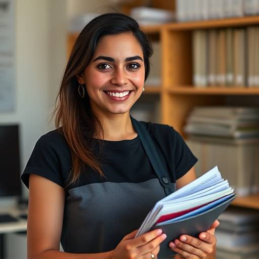 Retrato de Mariana Almeida, assistente de produäão do Estüdio Melodia da Mata, sorrindo enquanto organiza documentos.